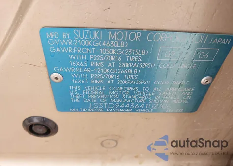 2006 Suzuki Grand Vitara Xsport z USA, uszkodzony, nr VIN JS3TD944364102706